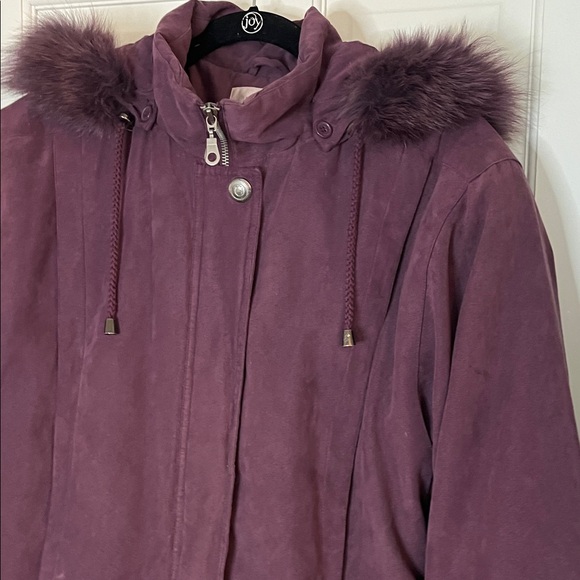 Worthington Plum Fox Fur Trim Hooded Winter Puffer Jacket - Size Medium - Picture 4 of 16
